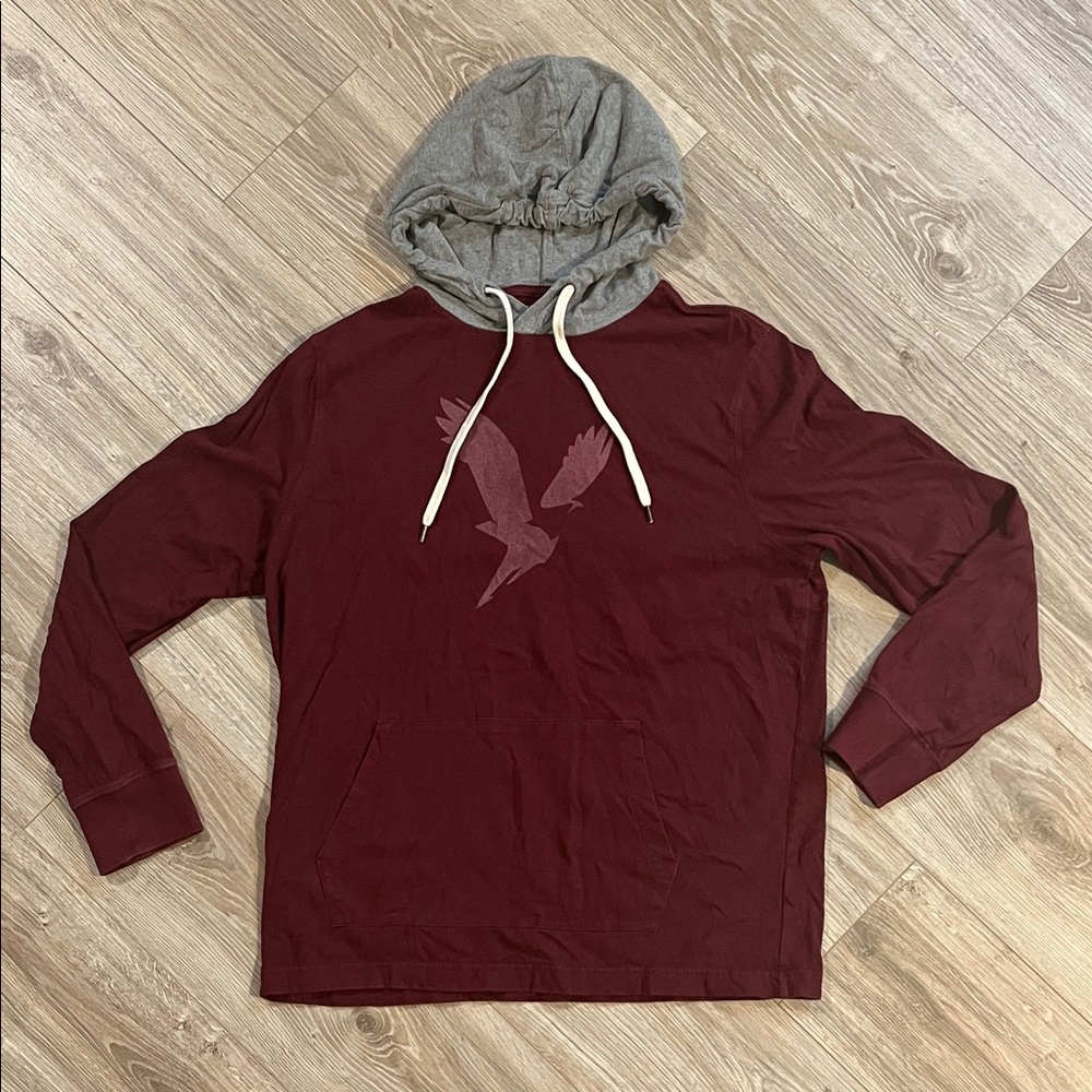 American Eagle Outfitters Burgundy and Gray Hooded Tshirt Adult Medium